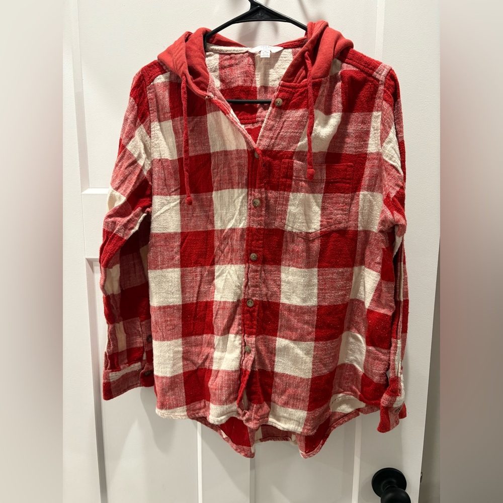Time and Tru Red and White Plaid Button Down Shirt with Hood